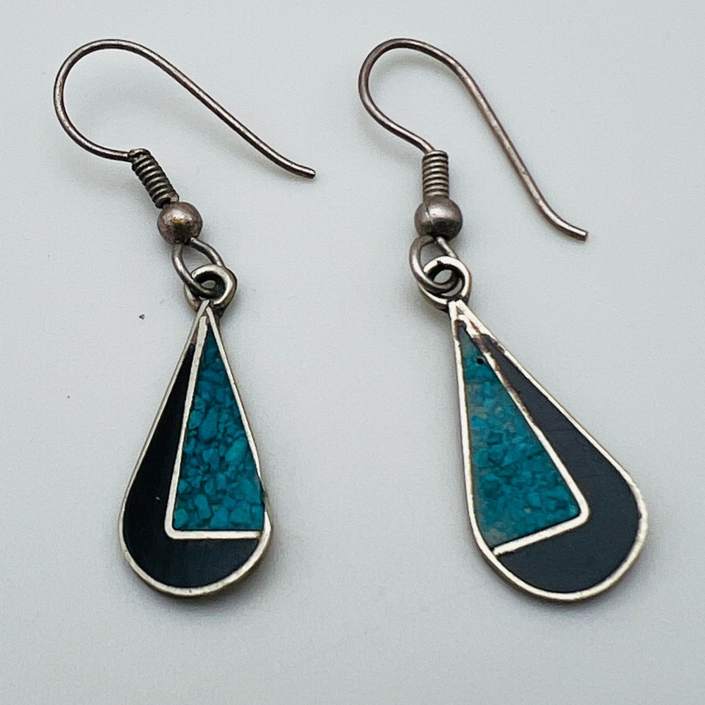 Mexico Alpaca Silver Teardrop Earrings Turquoise Inlay Dangle Artisan Boho